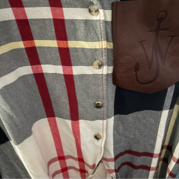 J W ANDERSON sz 4 Blue Long Sleeve Tie Plaid Button Down Leather Patch Pocket - Picture 7 of 16
